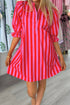 Striped Half Button Puff Sleeve H Line Mini Dress