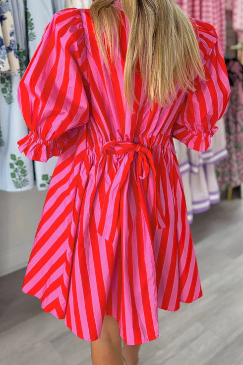 Striped Half Button Puff Sleeve H Line Mini Dress