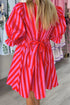 Striped Half Button Puff Sleeve H Line Mini Dress