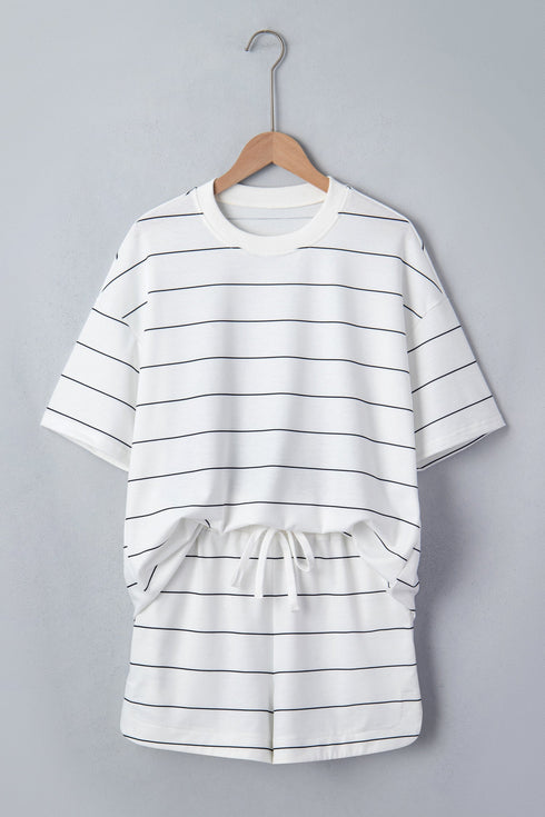 Striped Half Sleeve Tee And Drawstring Short Set