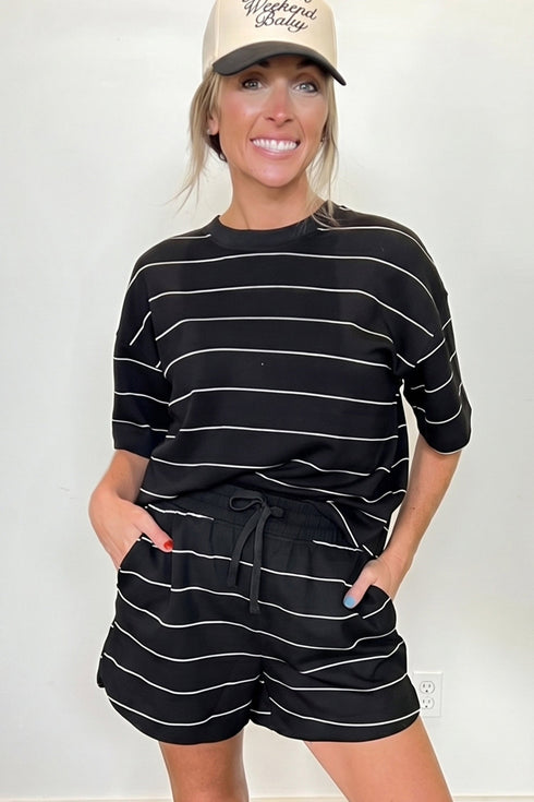 Striped Half Sleeve Tee And Drawstring Short Set