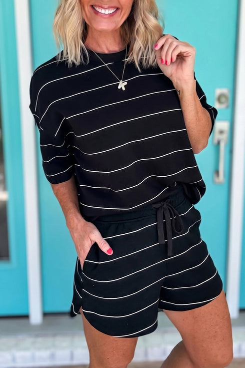 Striped Half Sleeve Tee And Drawstring Short Set