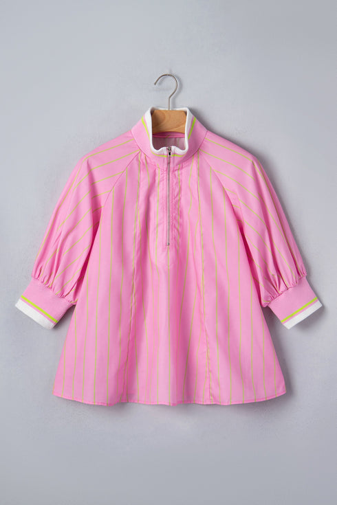Striped Half Sleeve Zipper V Neck Ribbed Cuff Blouse