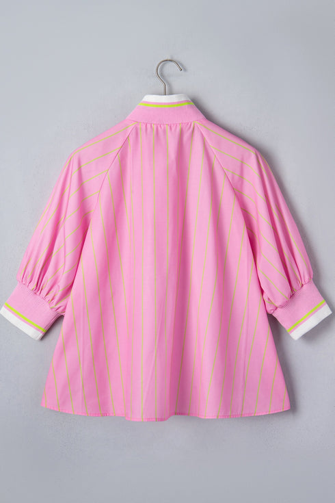 Striped Half Sleeve Zipper V Neck Ribbed Cuff Blouse