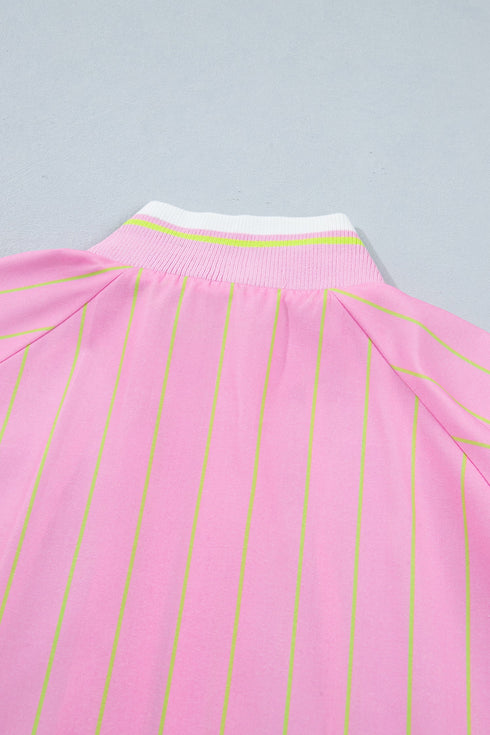 Striped Half Sleeve Zipper V Neck Ribbed Cuff Blouse