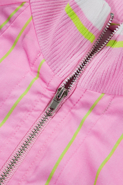 Striped Half Sleeve Zipper V Neck Ribbed Cuff Blouse