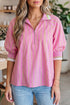 Striped Half Sleeve Zipper V Neck Ribbed Cuff Blouse