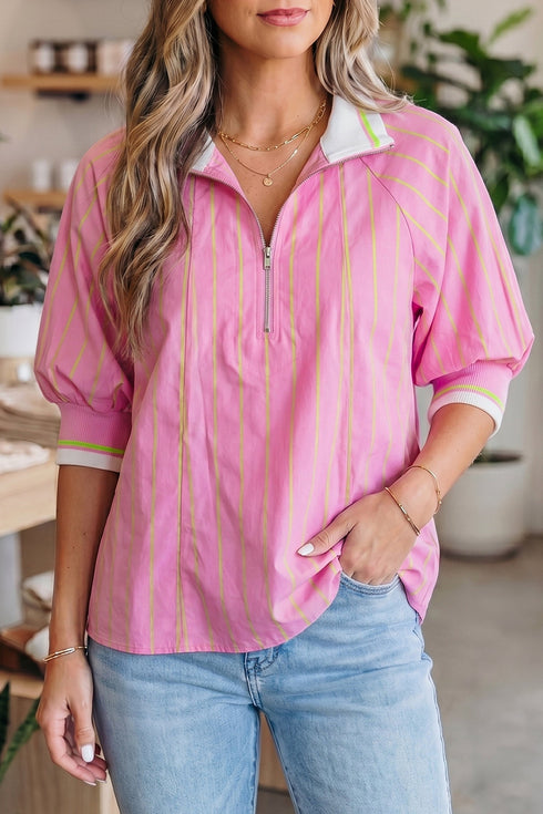 Striped Half Sleeve Zipper V Neck Ribbed Cuff Blouse