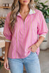 Striped Half Sleeve Zipper V Neck Ribbed Cuff Blouse