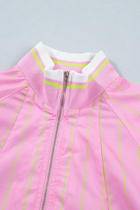 Striped Half Sleeve Zipper V Neck Ribbed Cuff Blouse