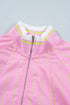 Striped Half Sleeve Zipper V Neck Ribbed Cuff Blouse