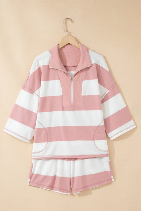 Striped Half Zip Bracelet Sleeve Seam Detail Short Set