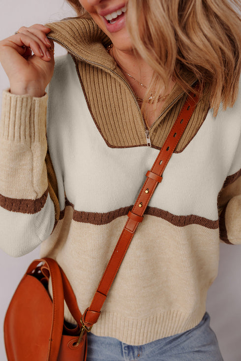 Striped Half Zip Collared Knit Pullover Sweater