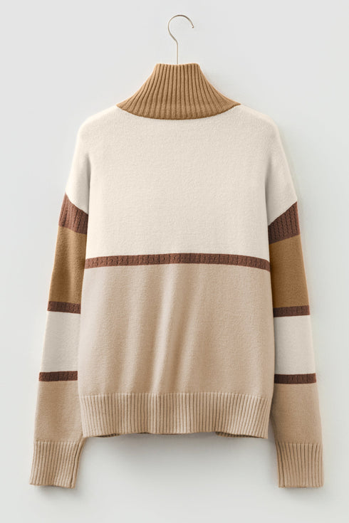 Striped Half Zip Collared Knit Pullover Sweater