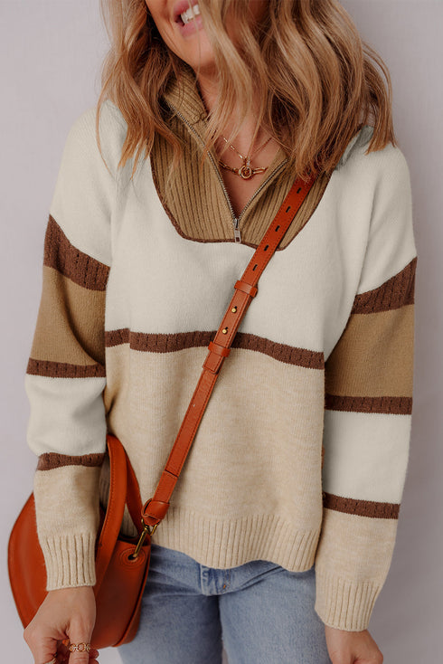 Striped Half Zip Collared Knit Pullover Sweater