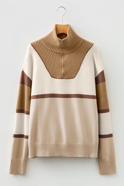Striped Half Zip Collared Knit Pullover Sweater