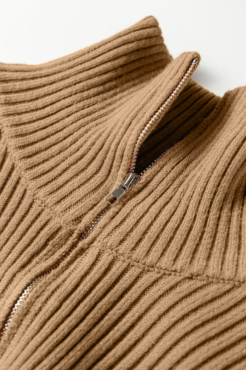 Striped Half Zip Collared Knit Pullover Sweater