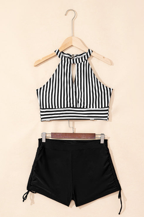 Striped Halter Keyhole High Waist Swimsuit Set