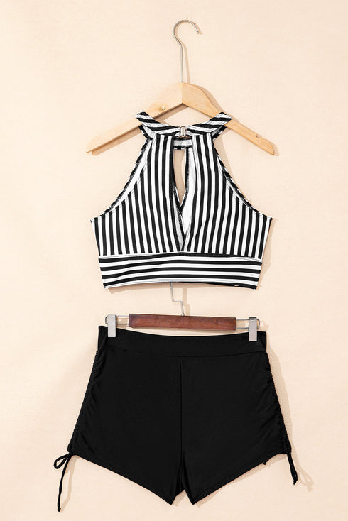 Striped Halter Keyhole High Waist Swimsuit Set