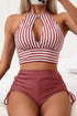 Striped Halter Top Drawstring Ruched High Waisted Bikini