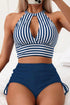 Striped Halter Top Drawstring Ruched High Waisted Bikini