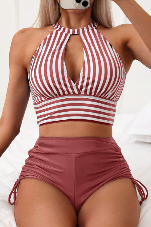 Striped Halter Top Drawstring Ruched High Waisted Bikini