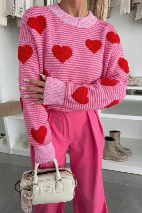 Striped Heart Print Mock Neck Brushed Knit Sweater