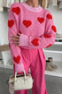 Striped Heart Print Mock Neck Brushed Knit Sweater