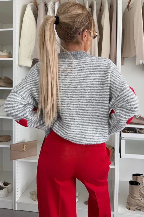 Striped Heart Print Mock Neck Brushed Knit Sweater