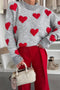 Striped Heart Print Mock Neck Brushed Knit Sweater