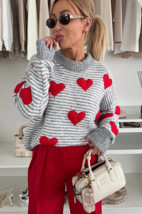 Striped Heart Print Mock Neck Brushed Knit Sweater