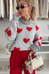 Striped Heart Print Mock Neck Brushed Knit Sweater