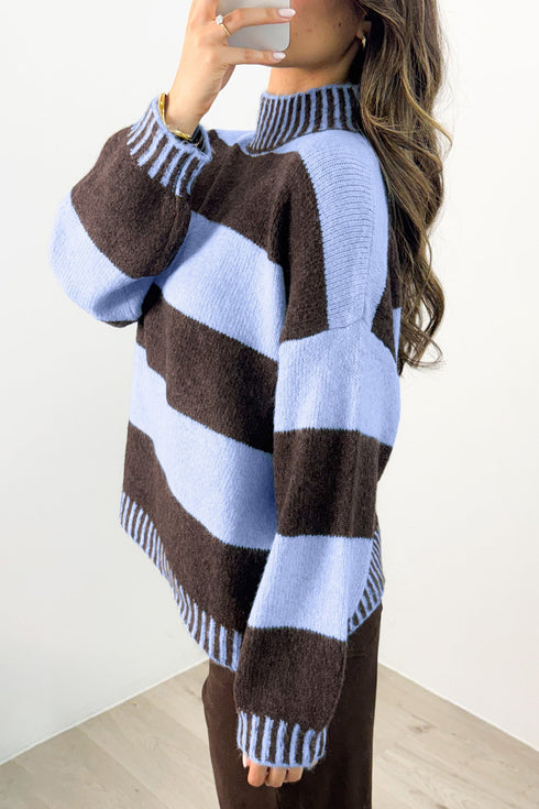 Striped High Neck Drop Shoulder Relaxed Pullover Sweater