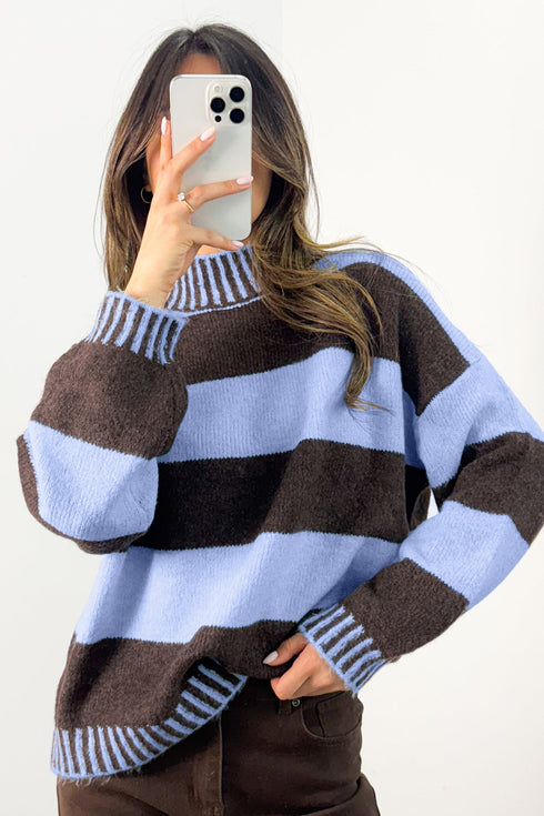 Striped High Neck Drop Shoulder Relaxed Pullover Sweater