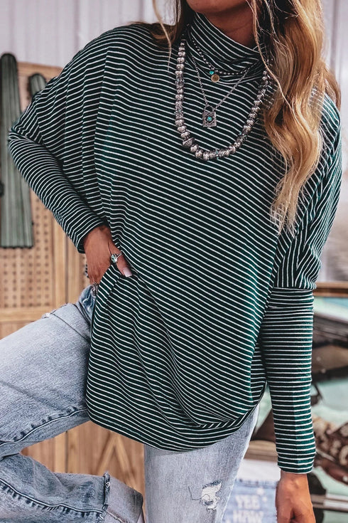 Striped High Neck Dropped Shoulder Casual Long Sleeve Top