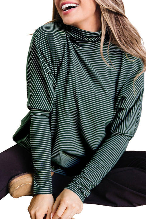 Striped High Neck Dropped Shoulder Casual Long Sleeve Top