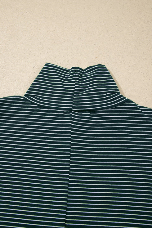 Striped High Neck Dropped Shoulder Casual Long Sleeve Top