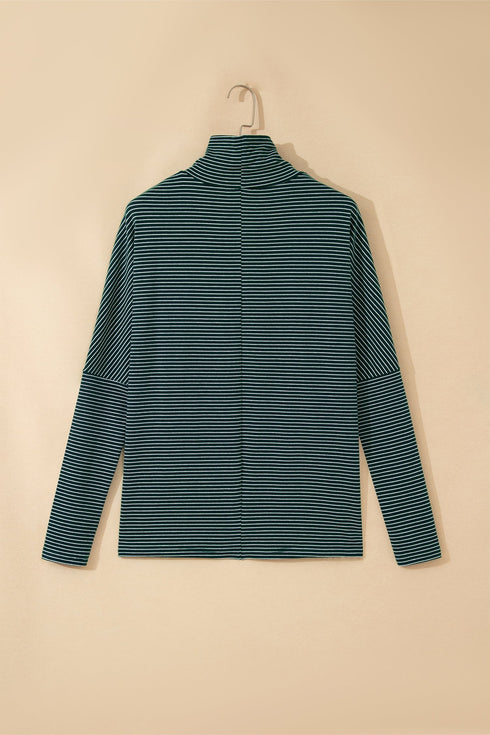 Striped High Neck Dropped Shoulder Casual Long Sleeve Top