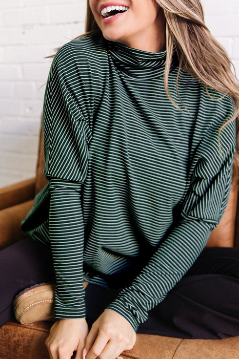 Striped High Neck Dropped Shoulder Casual Long Sleeve Top
