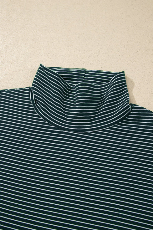 Striped High Neck Dropped Shoulder Casual Long Sleeve Top