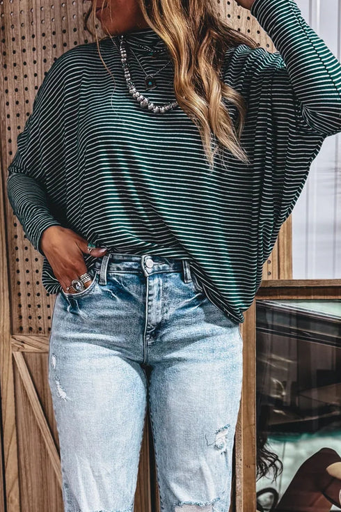 Striped High Neck Dropped Shoulder Casual Long Sleeve Top
