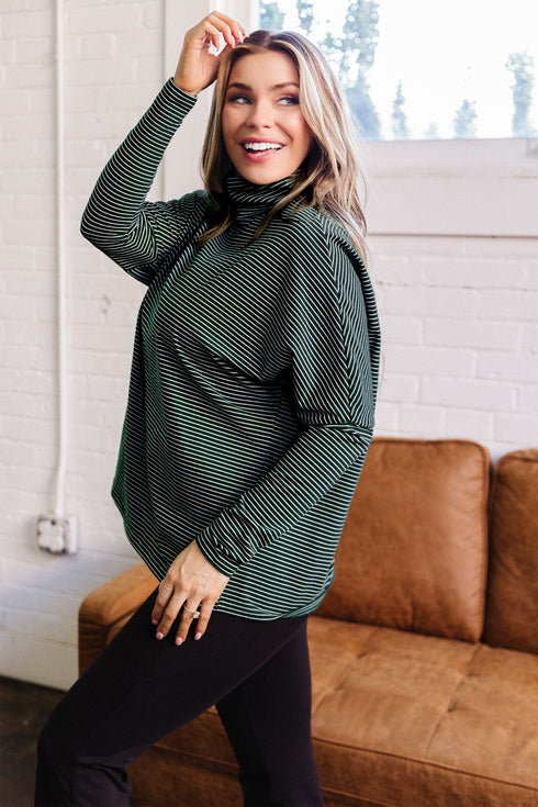 Striped High Neck Dropped Shoulder Casual Long Sleeve Top