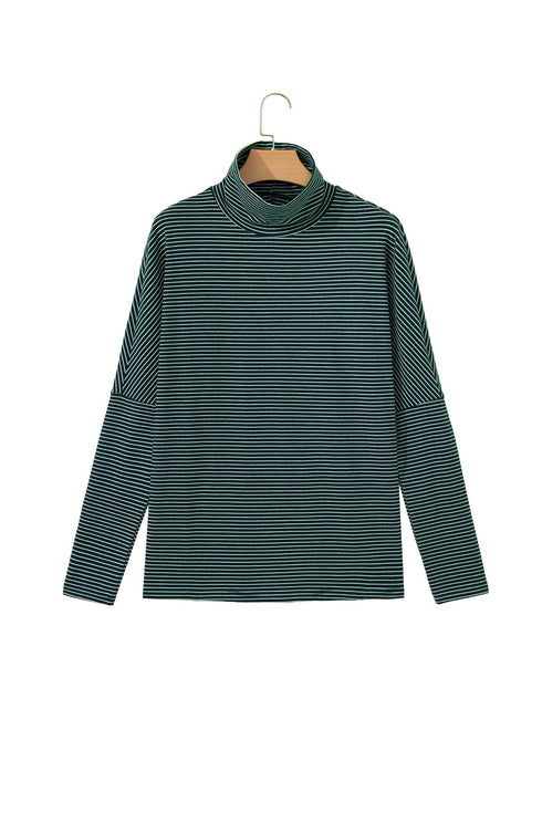 Striped High Neck Dropped Shoulder Casual Long Sleeve Top