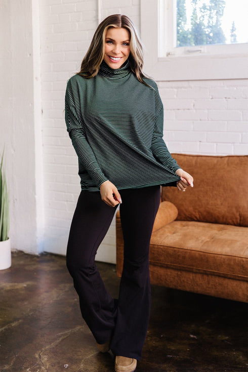 Striped High Neck Dropped Shoulder Casual Long Sleeve Top