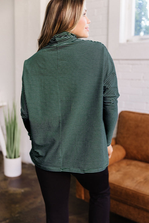Striped High Neck Dropped Shoulder Casual Long Sleeve Top