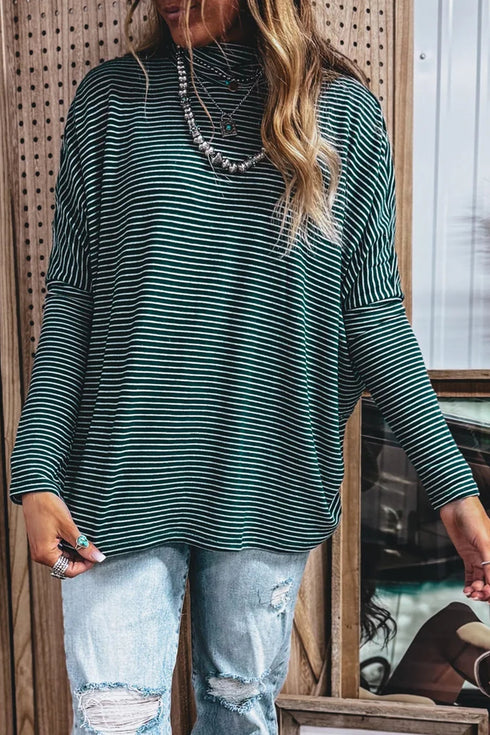 Striped High Neck Dropped Shoulder Casual Long Sleeve Top