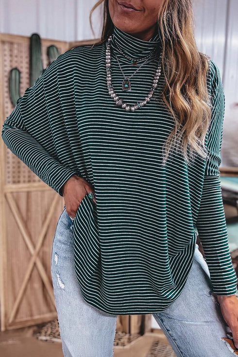 Striped High Neck Dropped Shoulder Casual Long Sleeve Top