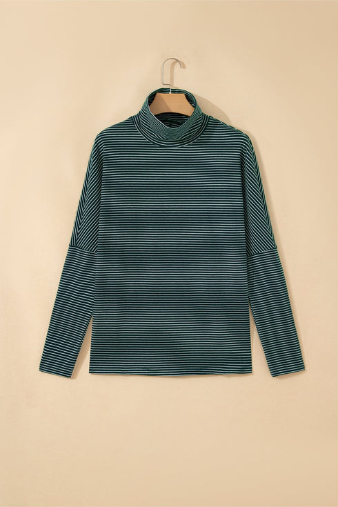 Striped High Neck Dropped Shoulder Casual Long Sleeve Top