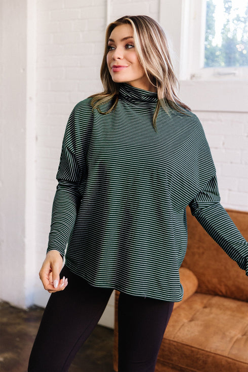 Striped High Neck Dropped Shoulder Casual Long Sleeve Top