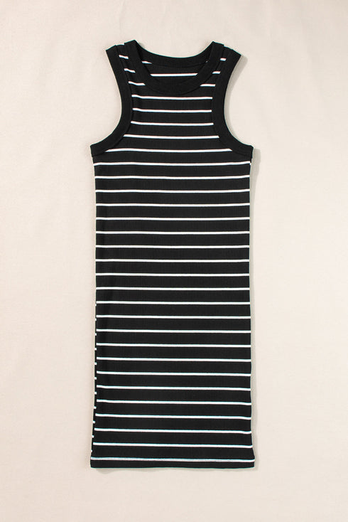 Striped High Neck Ribbed Knit Bodycon Mini Dress